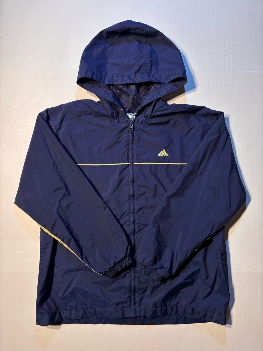 Vtg Adidas Full Zip Hooded Blue Striped Windbreaker Jacket 90’s Y2K Sz Large